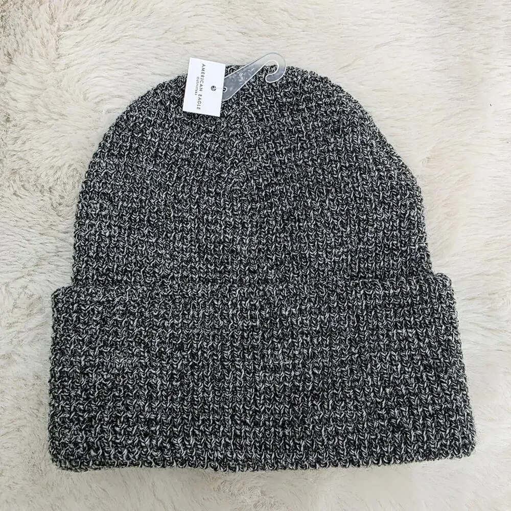 American Eagle Black Marbled Waffle Knit Beanie NWT Unisex Slouchy Winter Hat OS
